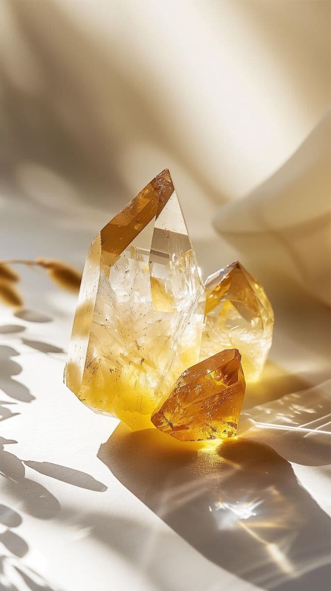 Citrine crystal glowing in warm sunlight with a bright expansive mood.