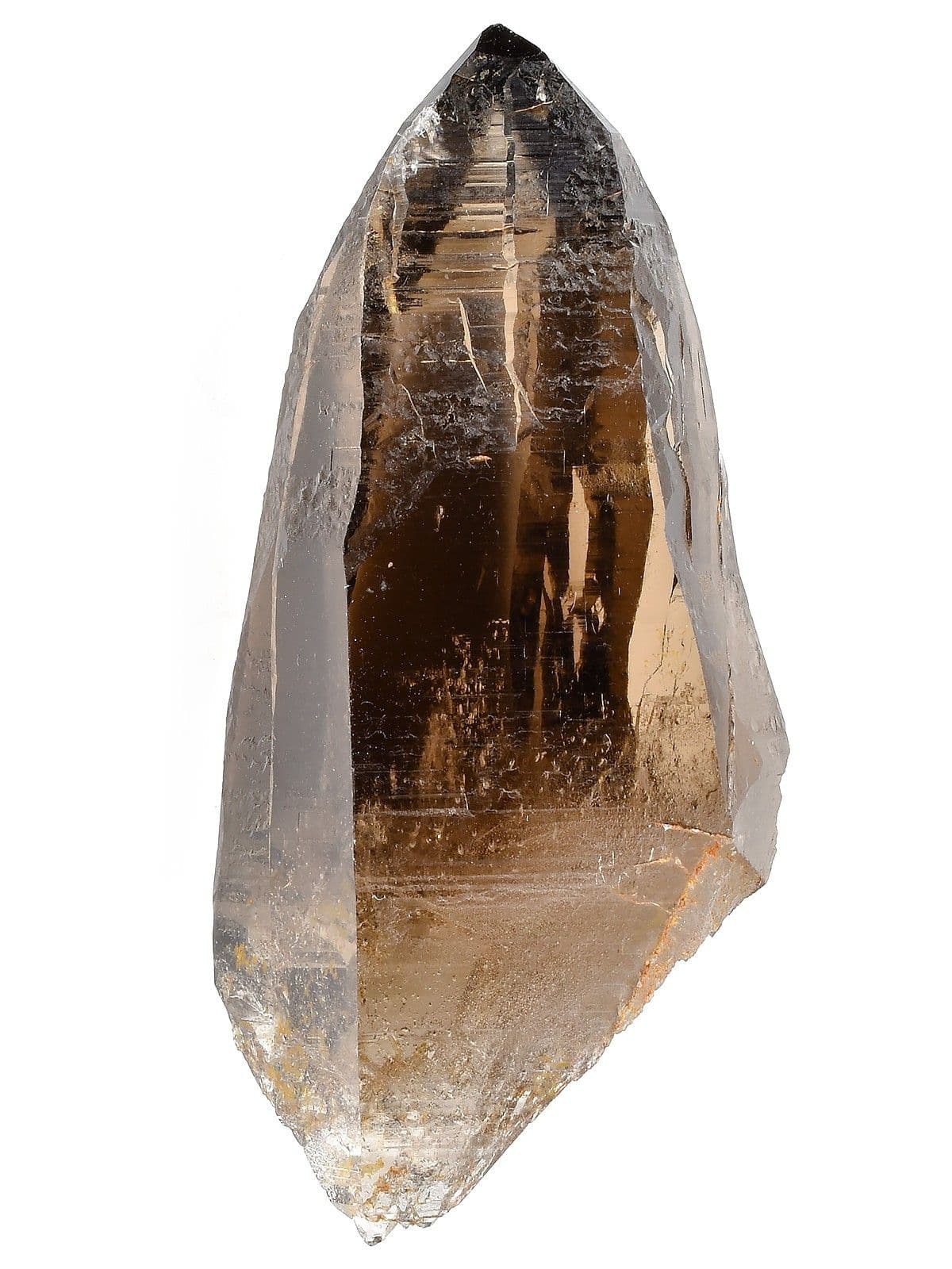 Smoky quartz crystal with translucent brown-gray depth and grounded mood.